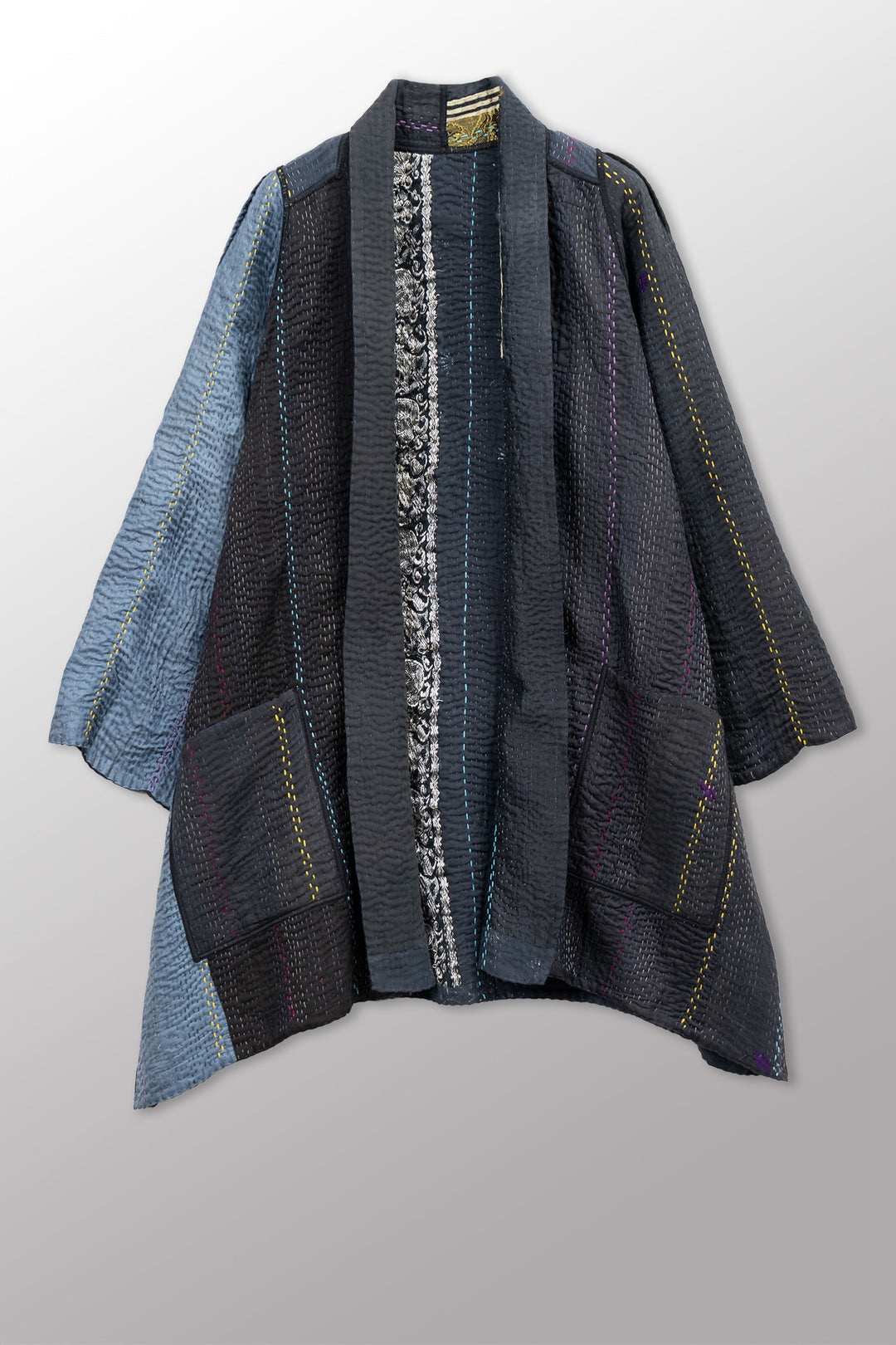 JEWEL WOVEN WITH VERTICAL PATCH KANTHA A-LINE JACKET - jv4003-blk -