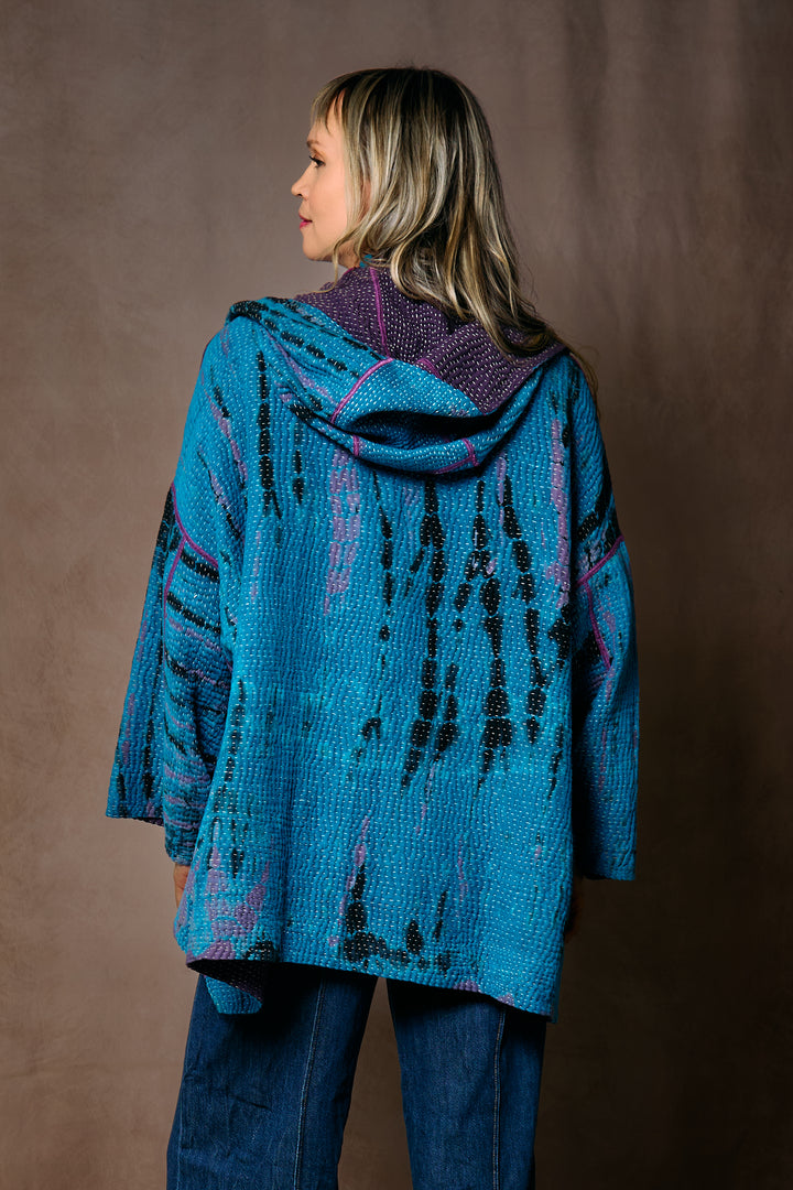 MONE SHIBORI TIE DYE KANTHA HOODIE PONCHO - ms5064-tuq -