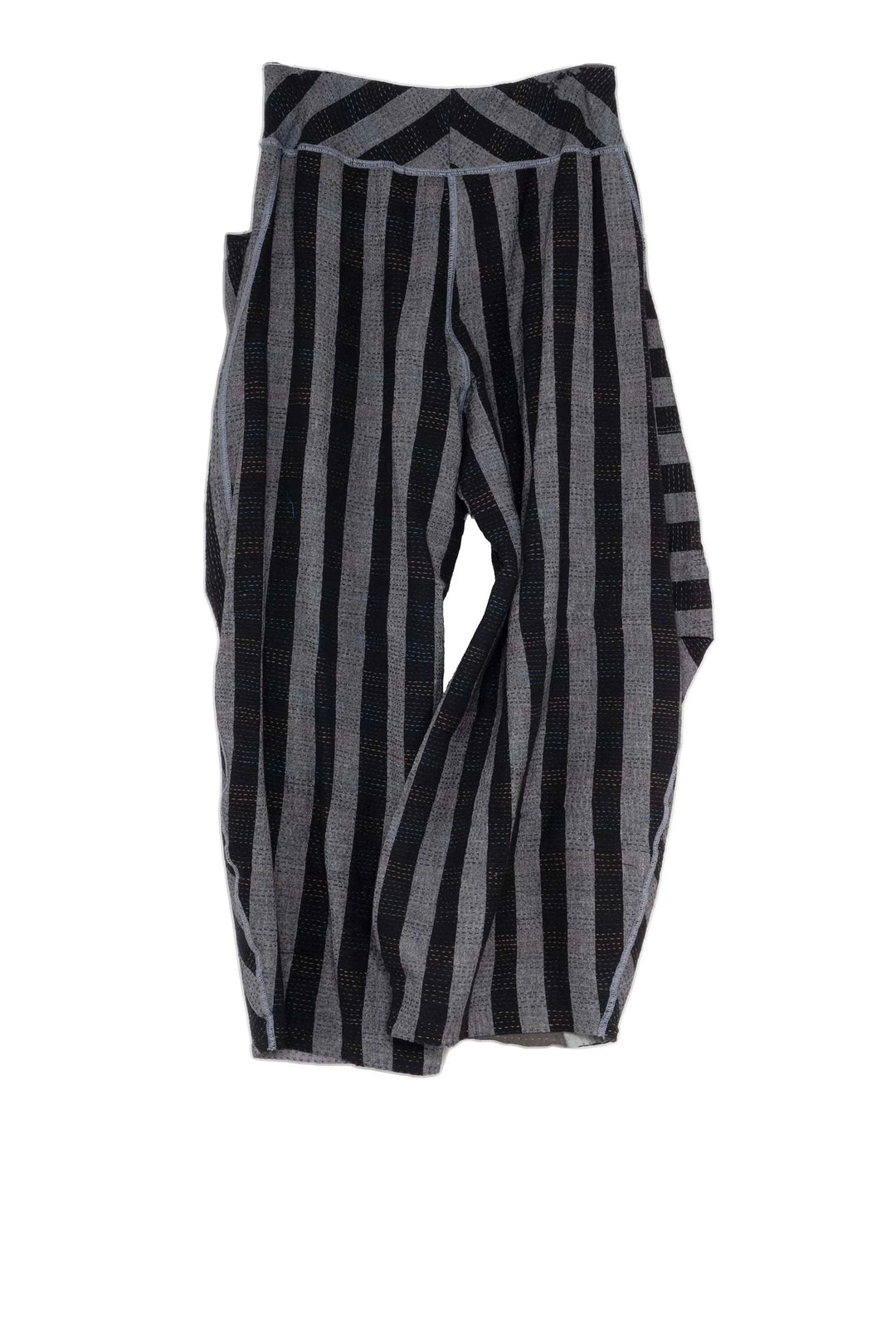 WOVEN STRIPE FRAYED PATCH BACK KANTHA KNEE TUCKED PANTS - wp2625-gry -