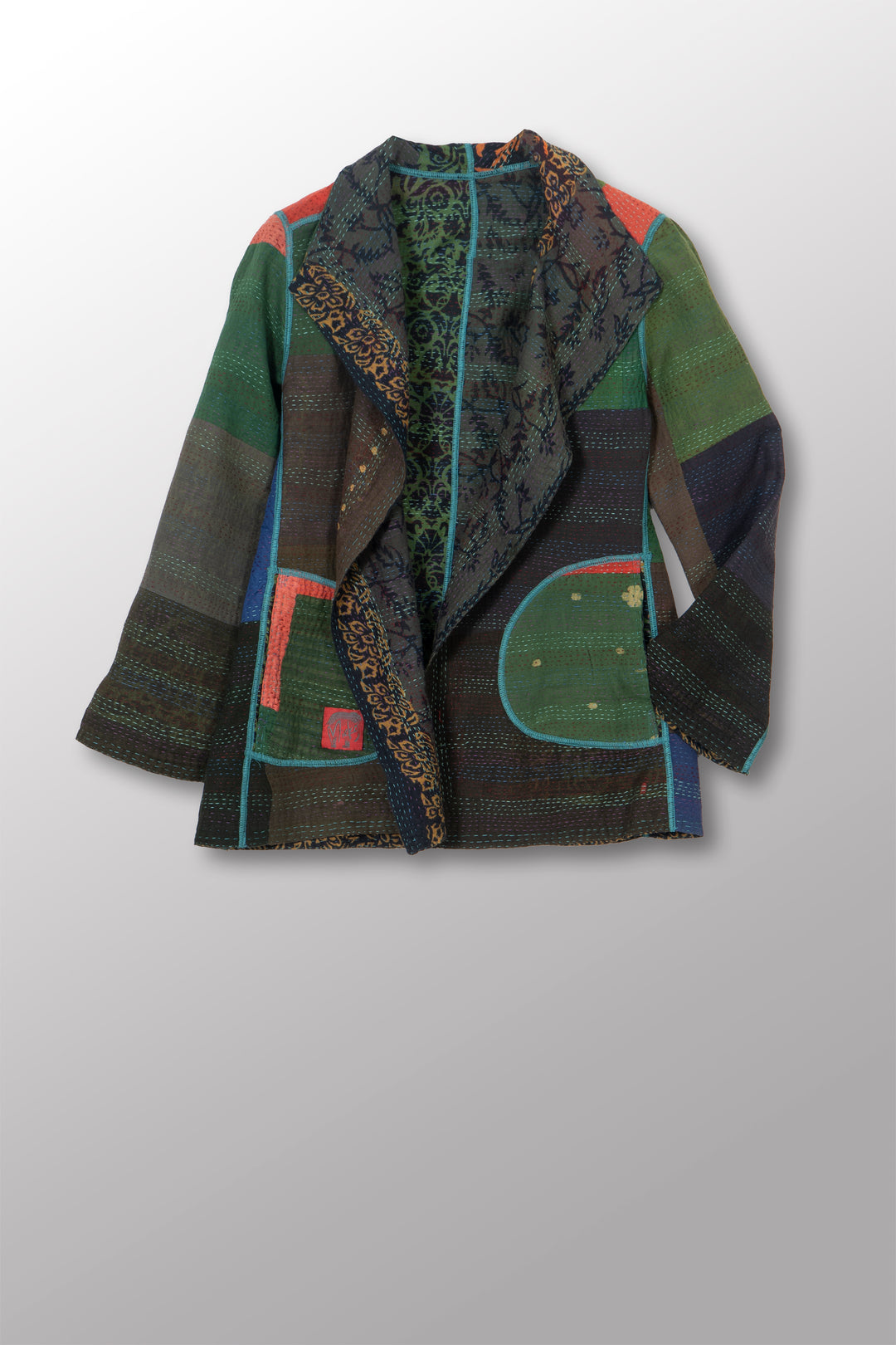 BAGH PRINT KANTHA SHORT JACKET - bg2007-grn -