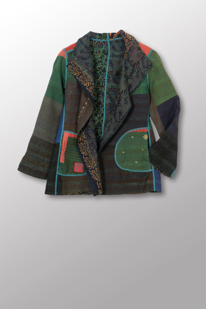 BAGH PRINT KANTHA SHORT JACKET - bg2007-grn -