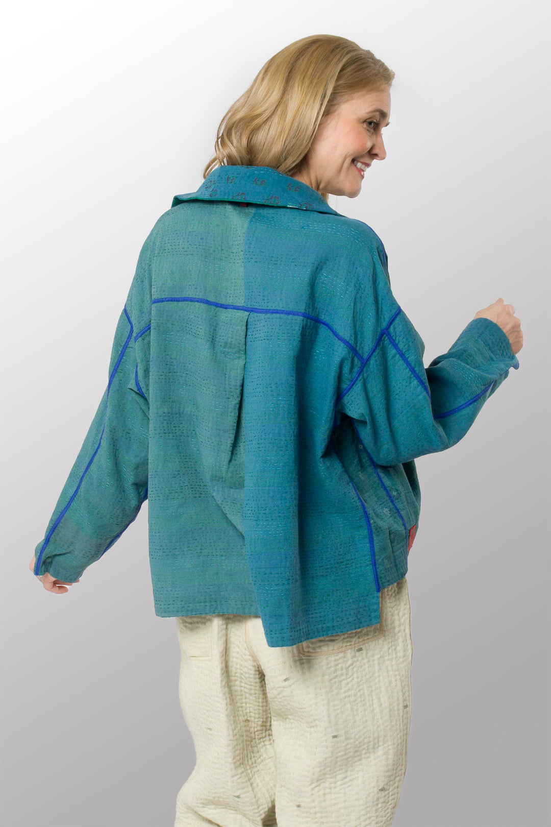 COTTON SILK SW PATCH KANTHA CROPPED SHIRT JACKET - ws2075-tel -