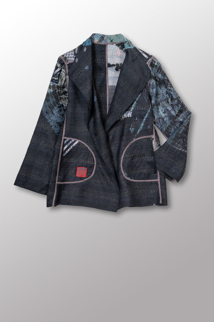 TIE DYE CIRCLE SHIBORI KANTHA SHORT JACKET - td2007-blk -