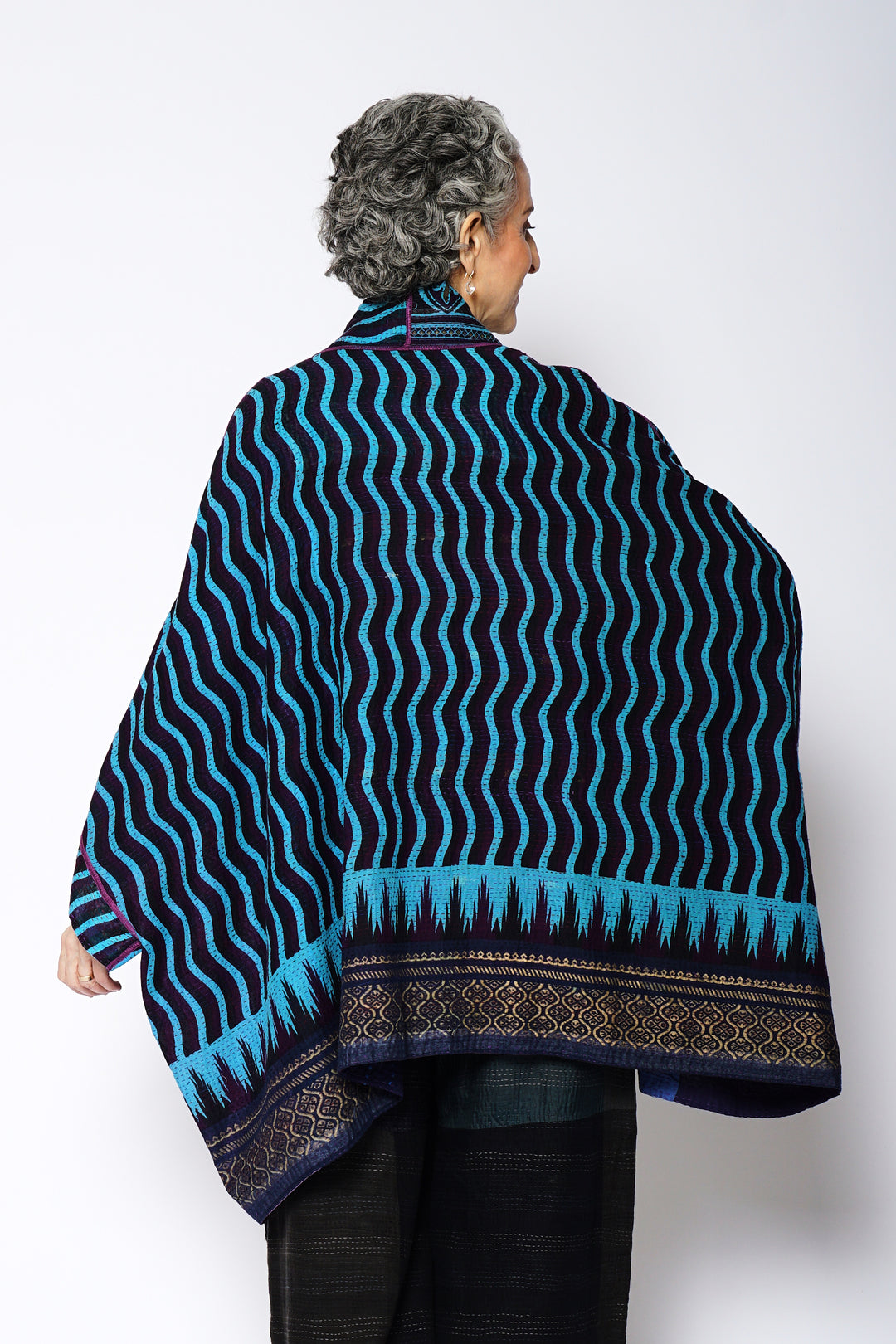 DESERT WAVES KANTHA DOUBLE COLLAR PONCHO - dw2323-blu -