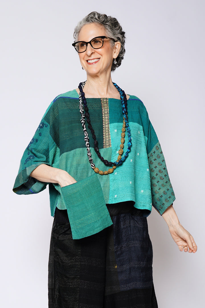 COTTON SILK SW PATCH KANTHA 3/4 SLV. CROP TOP - ws2528-tel -