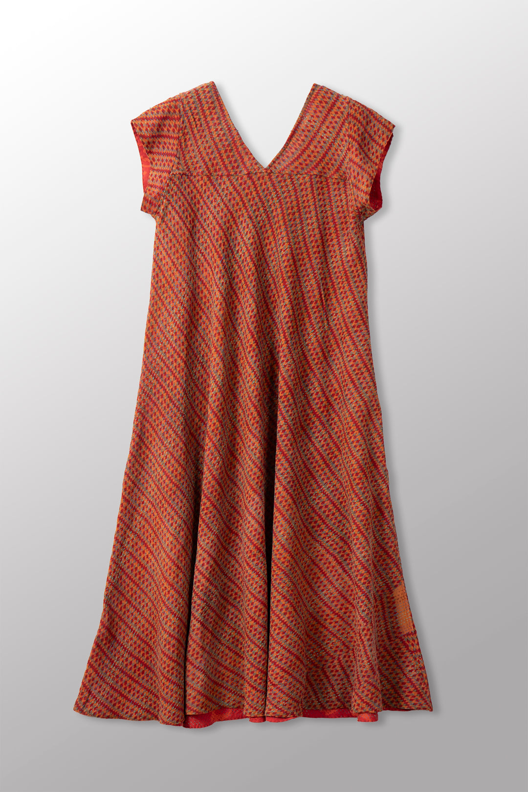 VINTAGE SILK GEORGETTE COTTON KANTHA CAP SLV. FLARE DRESS - gc2425-0003m -