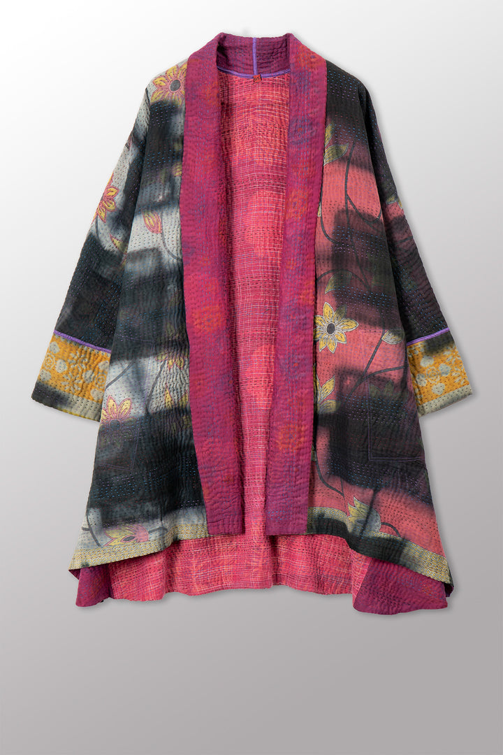 VINTAGE COTTON GREY CLAMP TIE DYE KANTHA KIMONO LONG JACKET - su4005-0001a -