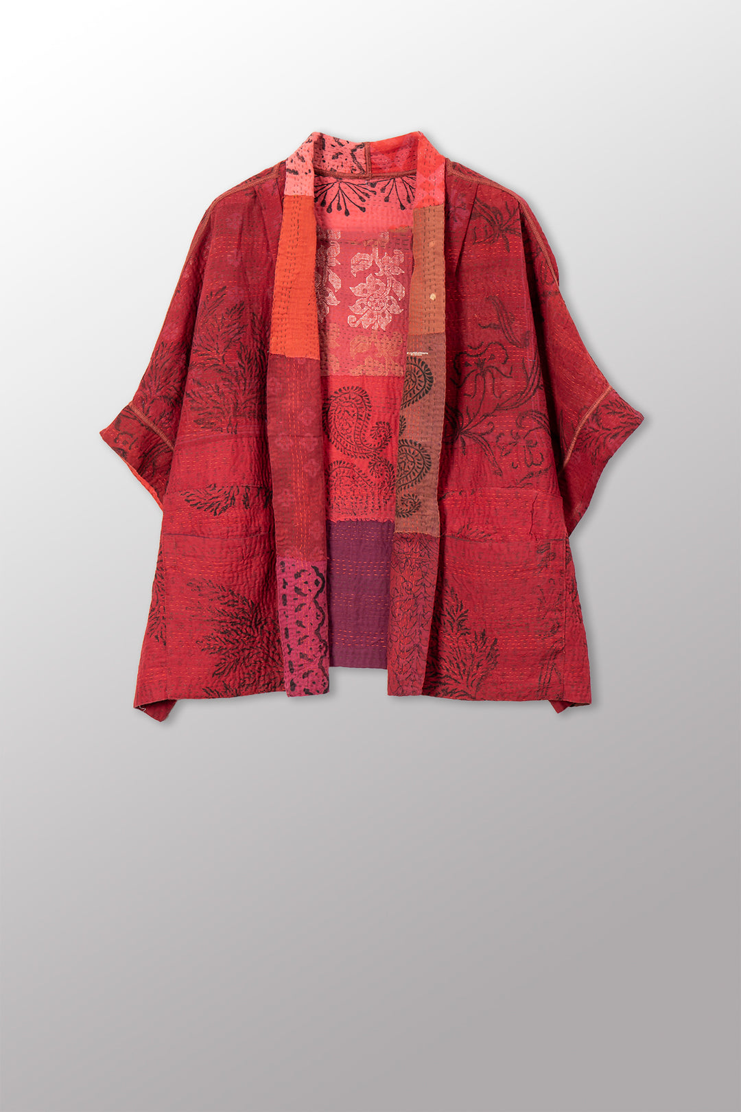 LANDSCAPE FRAYED PATCH KANTHA WITH STAMP MINI PONCHO - sp-lf2060-red -