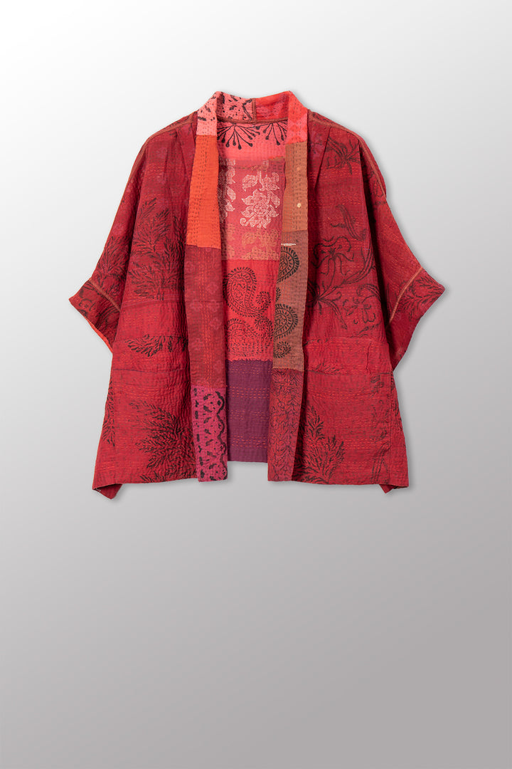LANDSCAPE FRAYED PATCH KANTHA WITH STAMP MINI PONCHO - sp-lf2060-red -