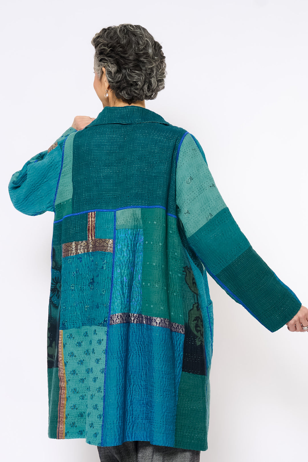 COTTON SILK SW PATCH KANTHA A-LINE DUSTER - ws4311-tuq -