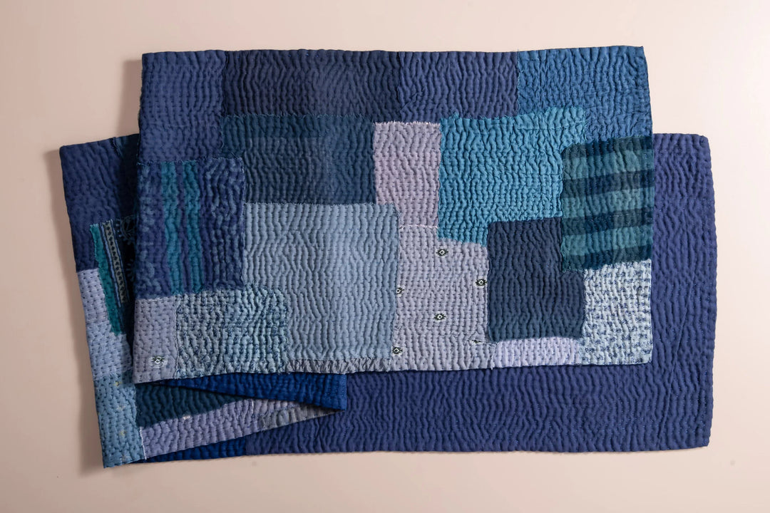 Landscape Fray Patch Vintage Kantha Runner -Navy