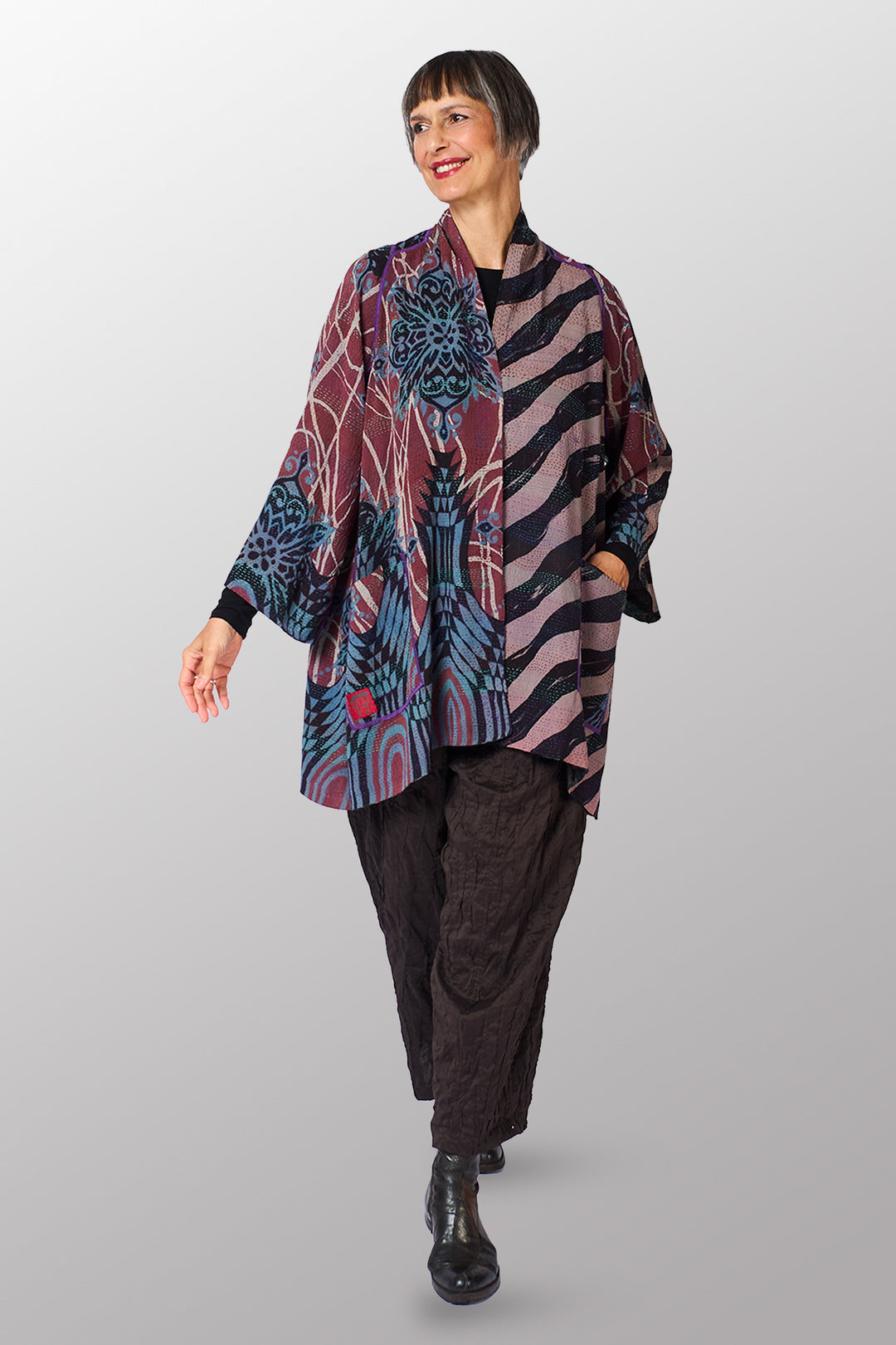 VINTAGE SILK GEORGETTE KANTHA A-LINE JKT - sg2003-0012a -