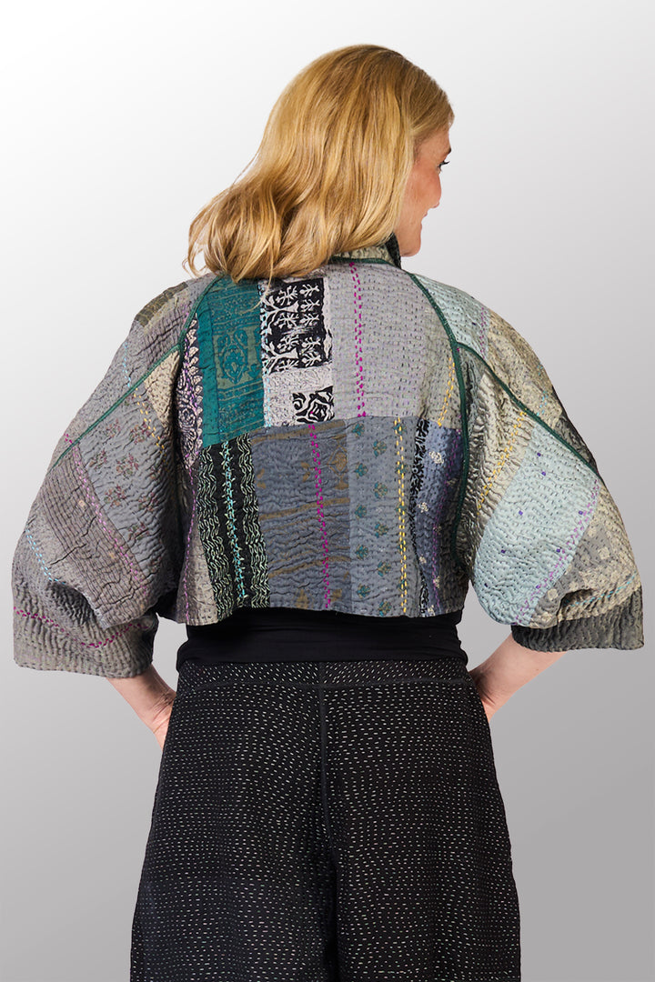 JEWEL WOVEN WITH VERTICAL PATCH KANTHA PUFF SLV. SHRUG - jv4062-gry -
