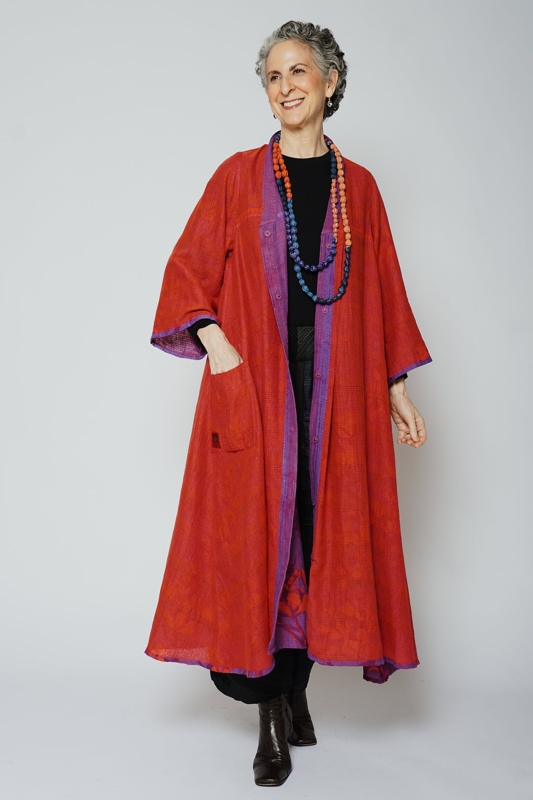 BLOOMING FLOWERS KANTHA V-NECK FLARE SLEEVE DRESS - bf2445-prp -