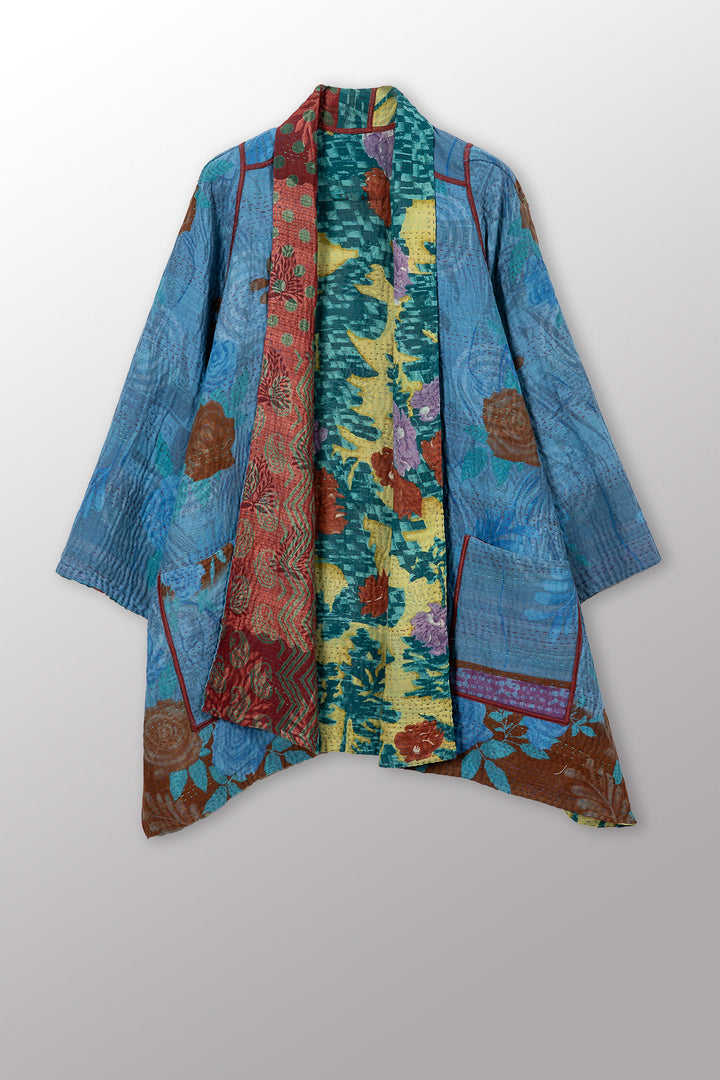 VINTAGE SILK GEORGETTE COTTON KANTHA A-LINE JACKET - gc4003-0005a -
