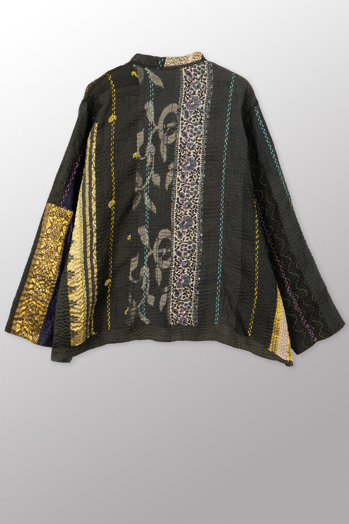 JEWEL WOVEN WITH VERTICAL PATCH KANTHA KAFTAN JACKET SHORT - jv4088-blk -