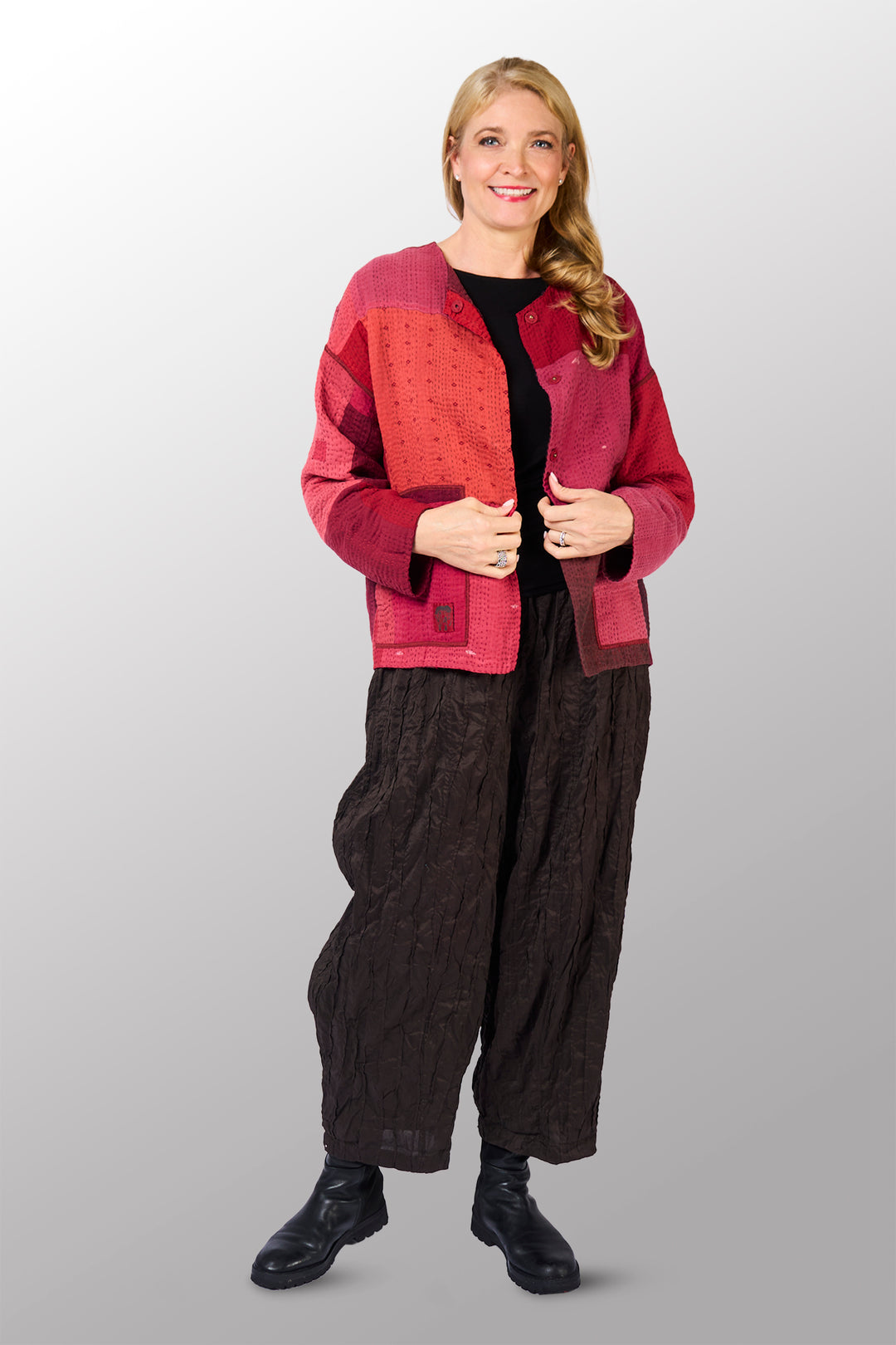 STRIPE AND CHECK COTTON SILK PATCH KANTHA CREW NECK SHORT JACKET - ss4053-red -