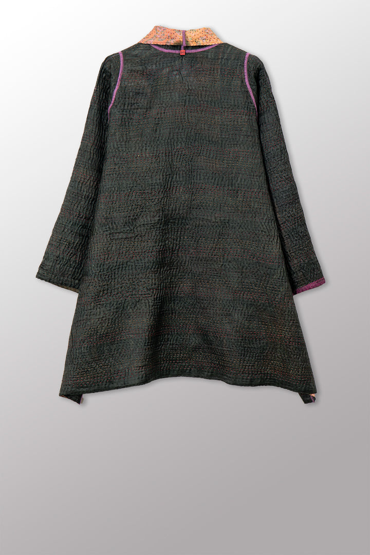 VINTAGE PRINTED SILK CLAMP DYE WITH JACQUARD KANTHA A-LINE JACKET - sk4003-0001a -
