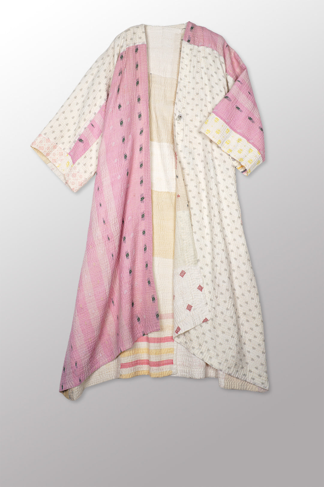 FRAYED PATCH MIX KANTHA KIMONO MAXI - fm4318-ivy -