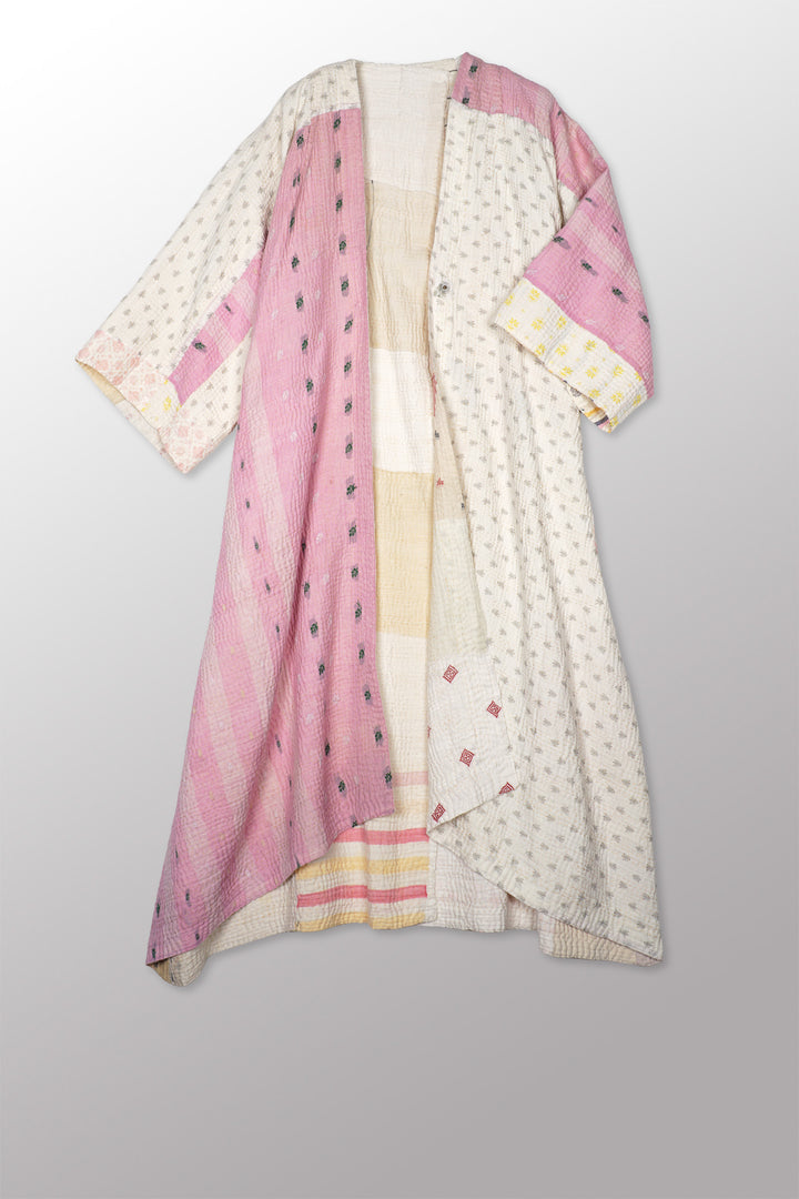 FRAYED PATCH MIX KANTHA KIMONO MAXI - fm4318-ivy -