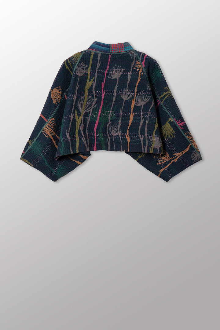 FLOWER PRINT WITH CHECKERED PATCH PUFF SLV. SHRUG - fc4062-blk -