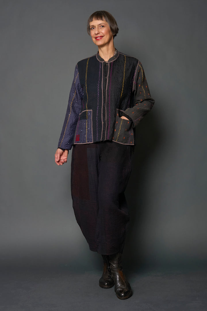 JEWEL WOVEN WITH VERTICAL PATCH KANTHA KAFTAN JACKET SHORT - jv4088-blk -