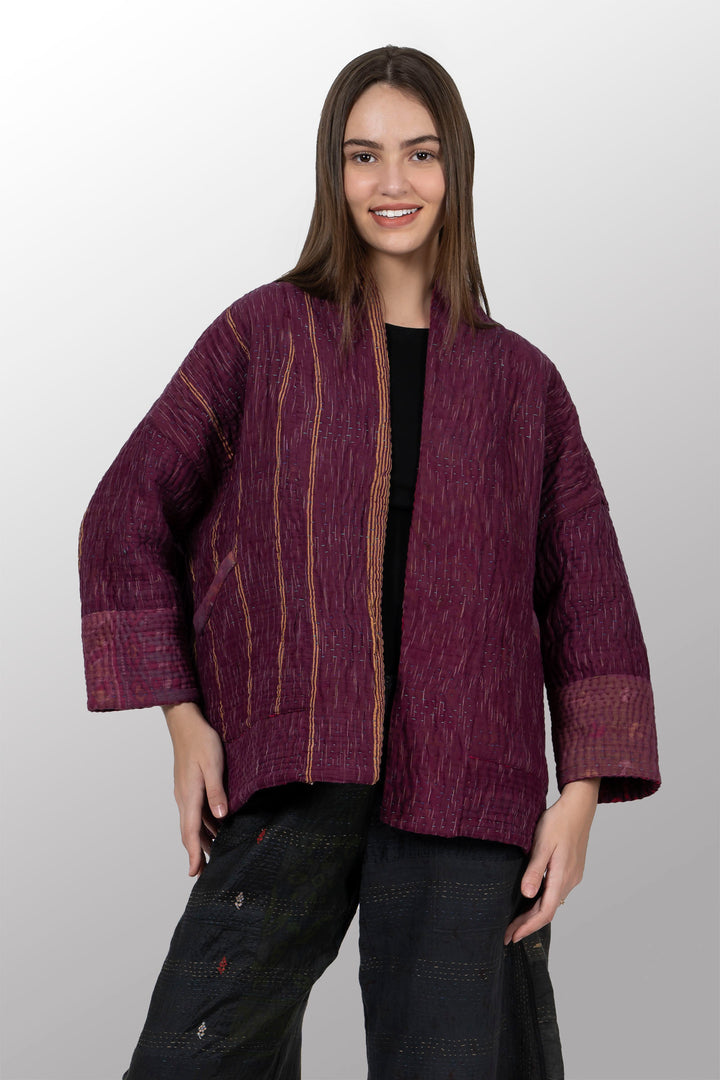 QUILTED OVER DYE COTTON KANTHA BIG POCKET JACKET - oq5057-cred001a -