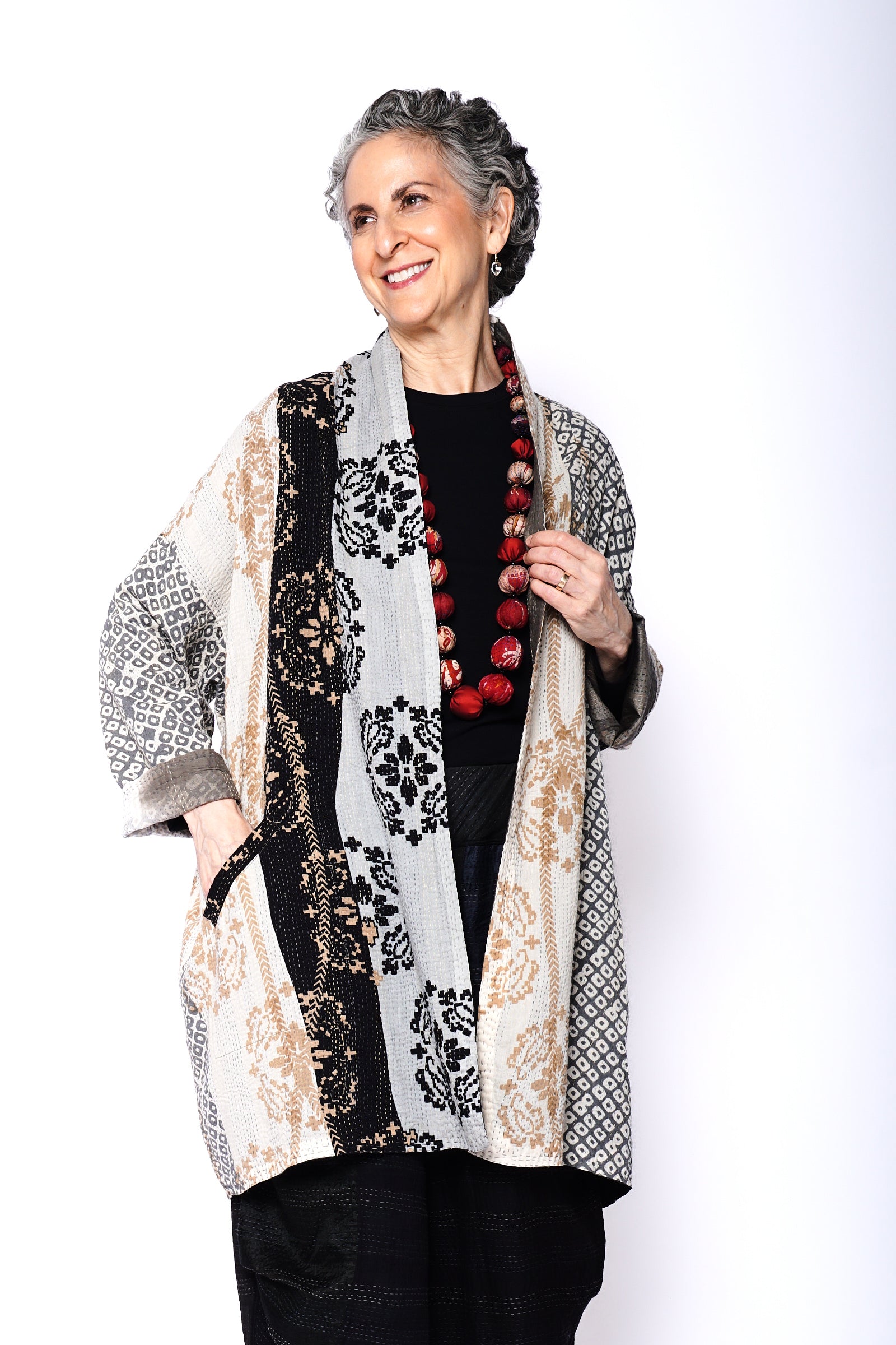 KIMONO COTTON KANTHA HAORI JACKET - kc2068-gry - – Mieko Mintz US