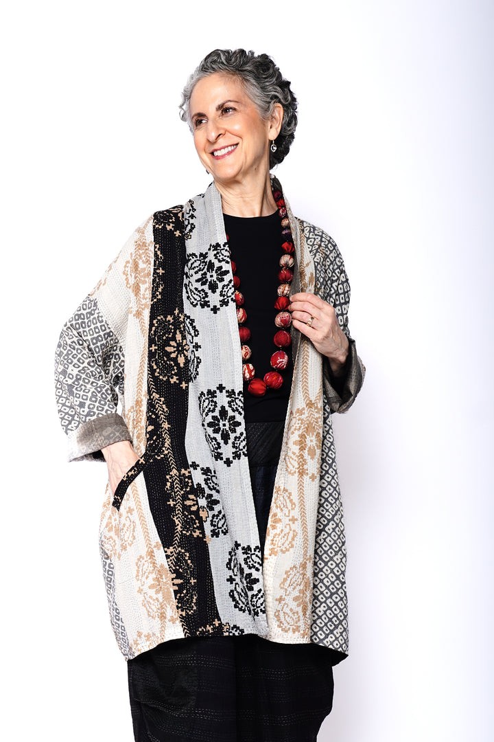 KIMONO COTTON KANTHA HAORI JACKET - kc2068-gry -