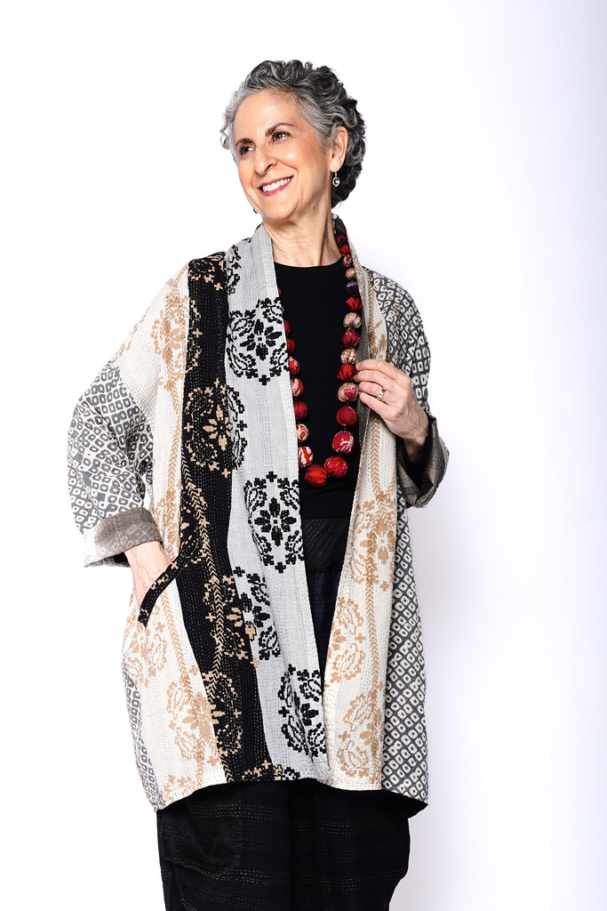 KIMONO COTTON KANTHA HAORI JACKET - kc2068-gry - – Mieko Mintz US