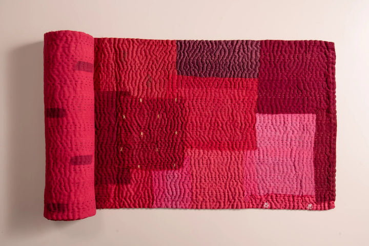 Landscape Fray Patch Vintage Kantha Runner -Red