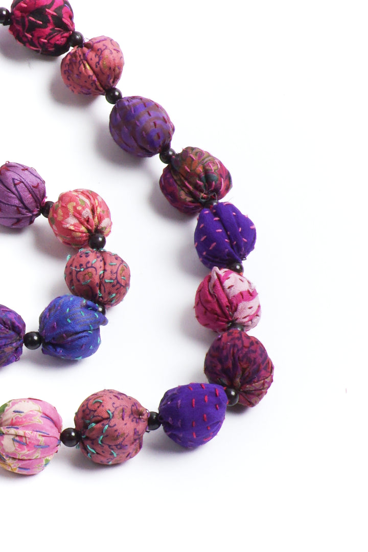 VINTAGE SILK KANTHA SMALL NUTS LONG NECKLACE - sv2706-ppl -