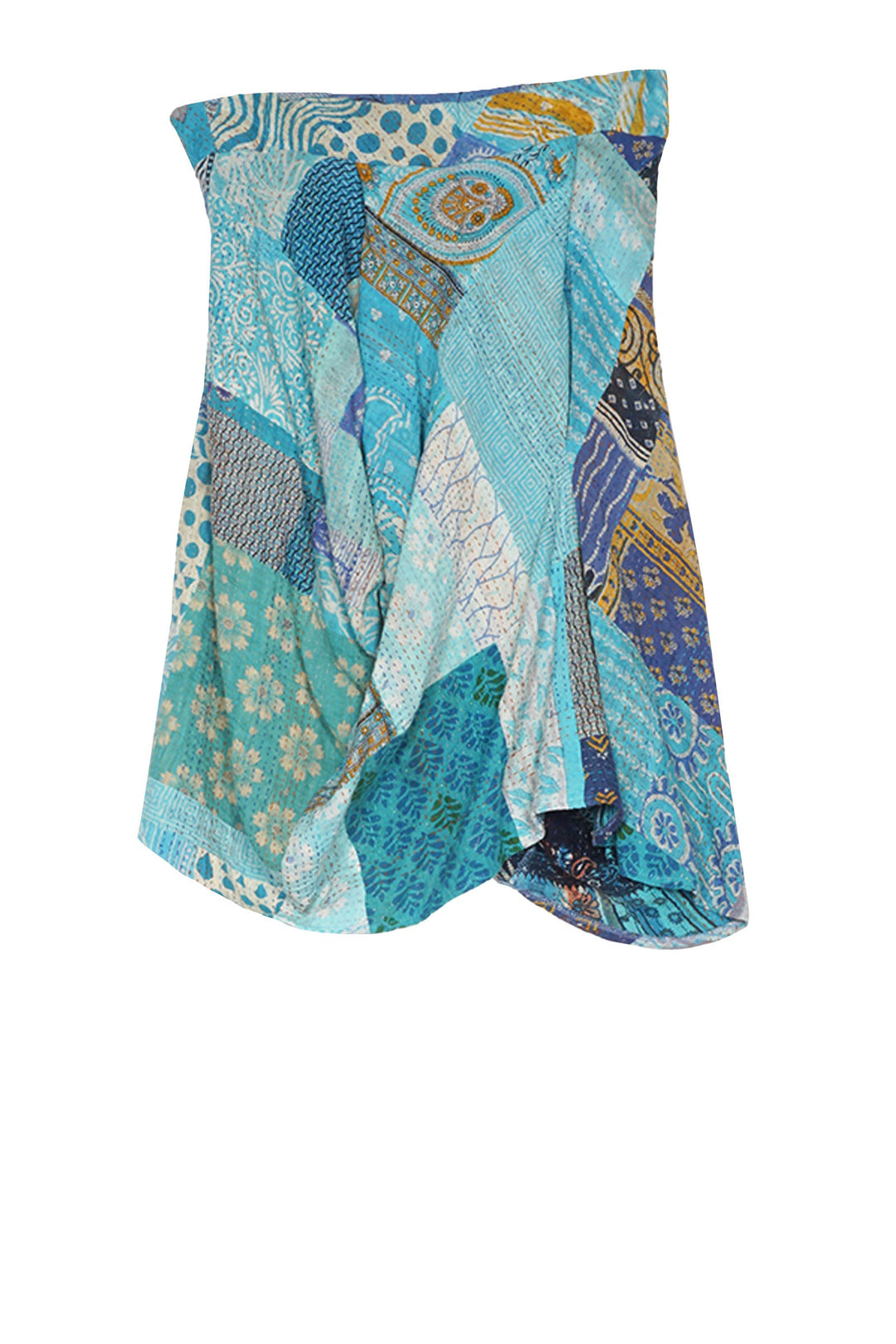 PATCHED PRINT KANTHA POCKET DRAPE SKIRT - pp2602-blu -