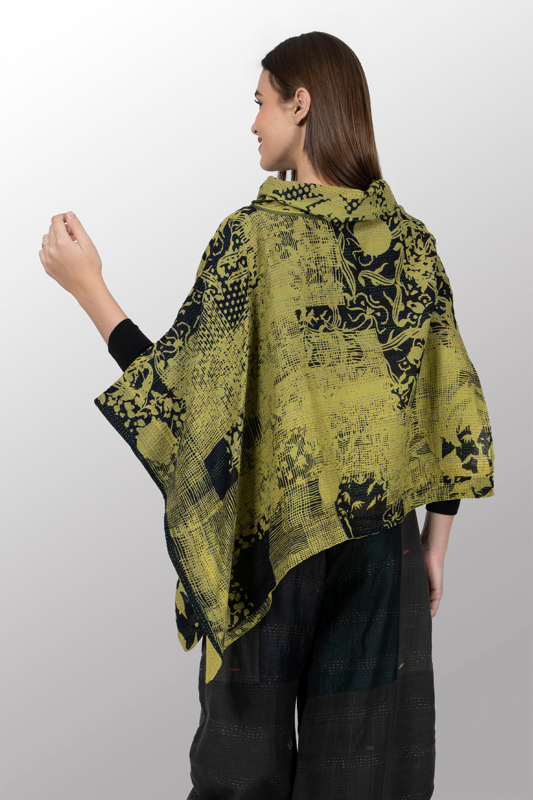 MONOTONE TWILIGHT PRINT KANTHA COWL NECK LONG CAPE - tp2842-cha -