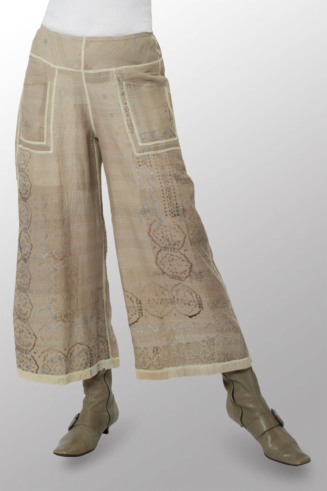 MOSAIC FRAY PATCH KANTHA MID RISE WIDE LEG PANTS - zb2665-ivy -