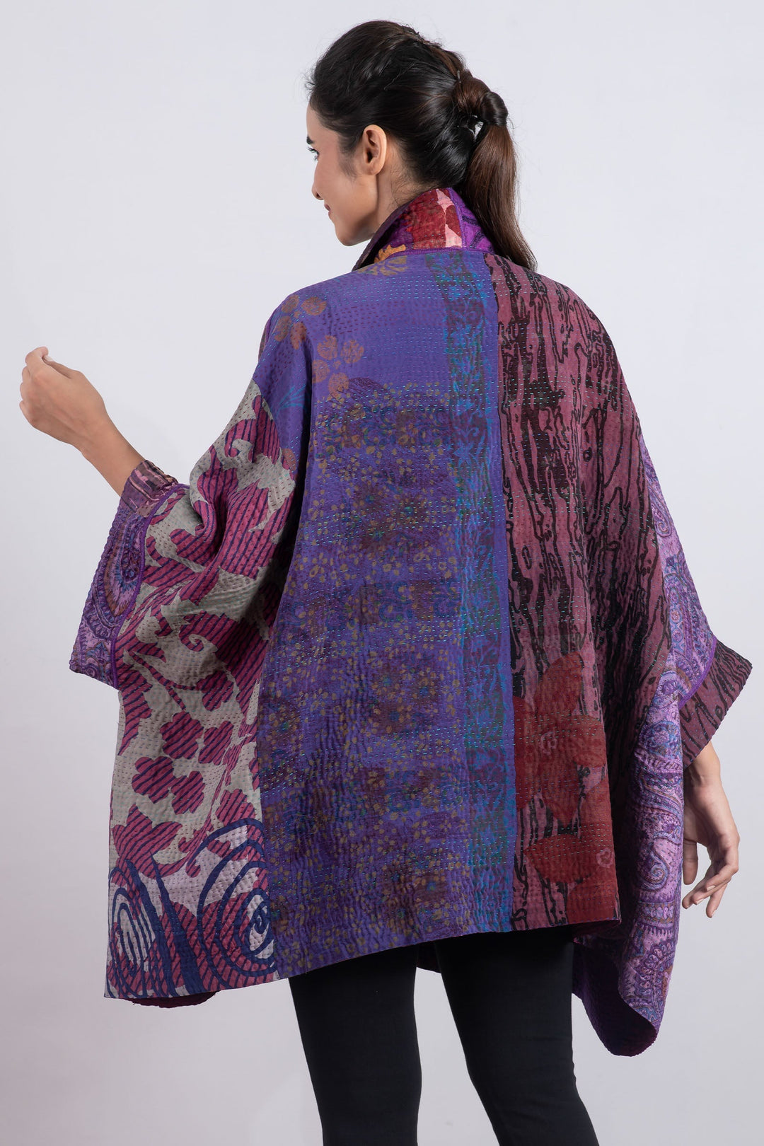 JACQUARD SILK KANTHA DOUBLE COLLAR PONCHO - js4323-prp -
