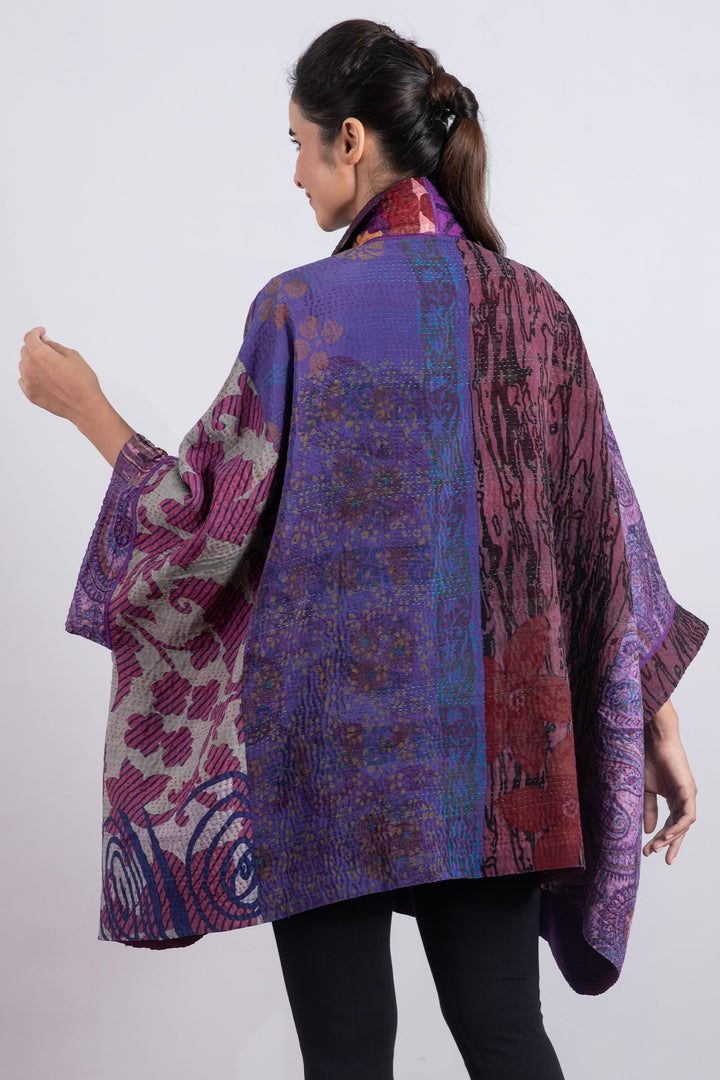 JACQUARD SILK KANTHA DOUBLE COLLAR PONCHO - js4323-prp -