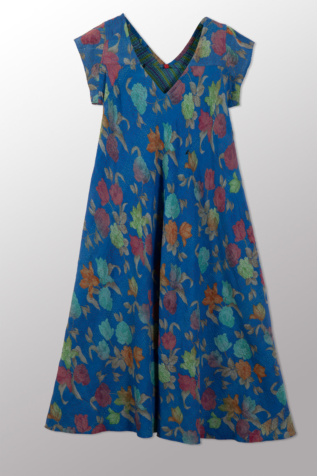 VINTAGE SILK GEORGETTE COTTON KANTHA CAP SLV. FLARE DRESS - gc2425-0002s -