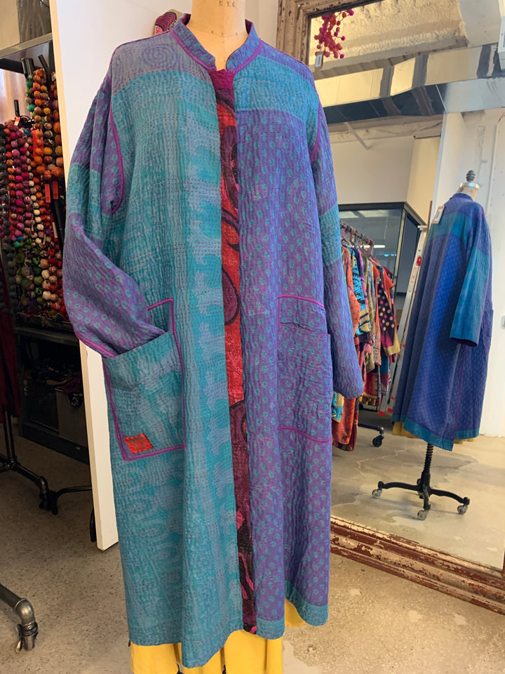 VINTAGE SILK GEORGETTE COTTON KANTHA KAFTAN COAT - gc4343-0001m -