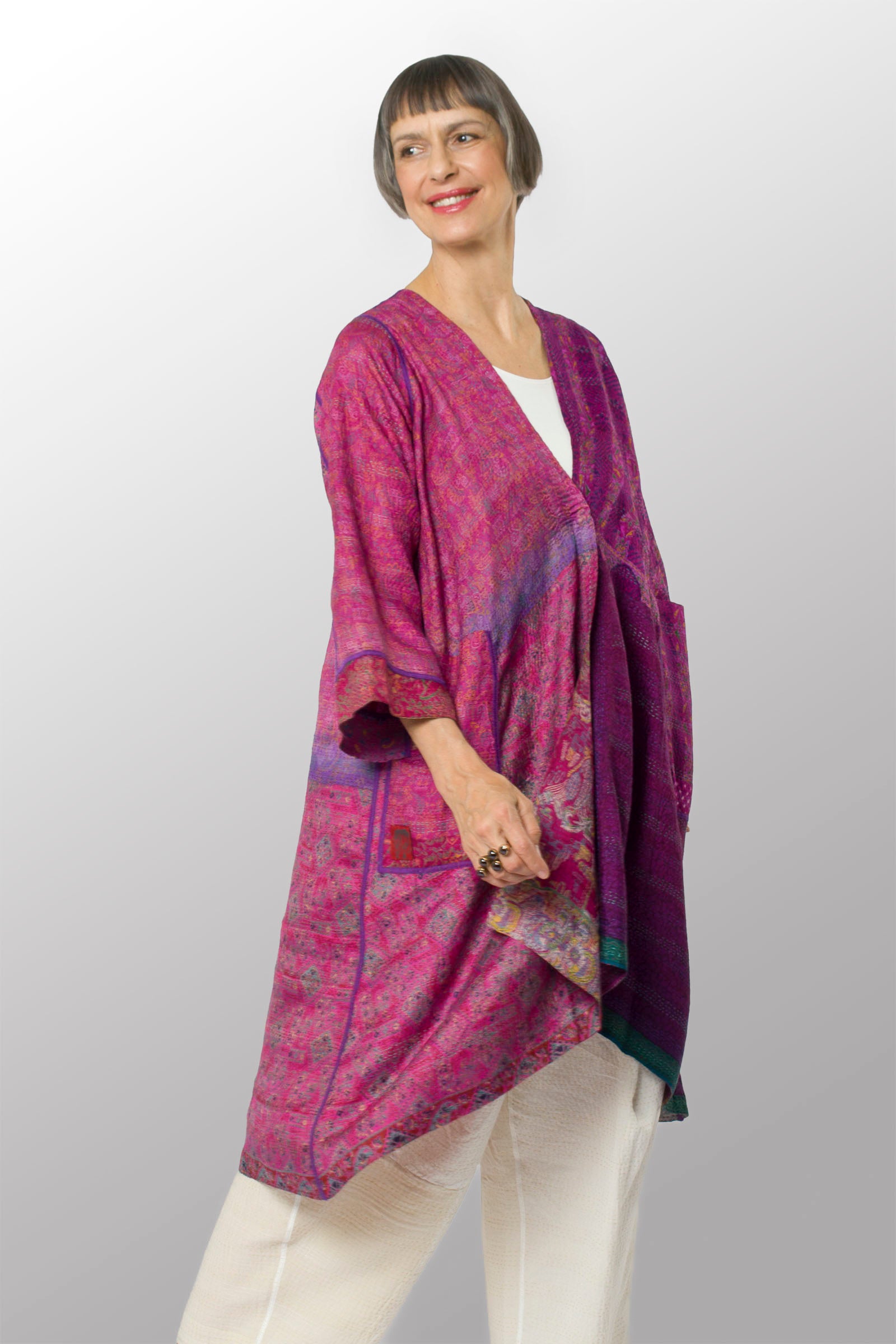 VINTAGE SILK KANTHA WRAP FLARE COAT - sv2330-0005a - – Mieko
