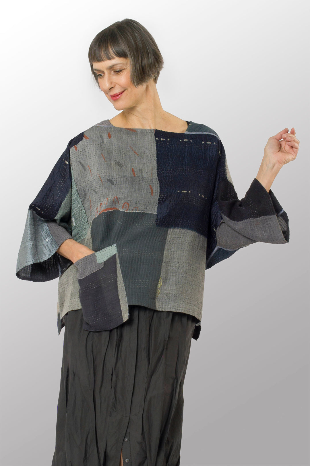 MOSAIC FRAY PATCH KANTHA 3/4 SLV. CROP TOP MIO - zb2538-gry -