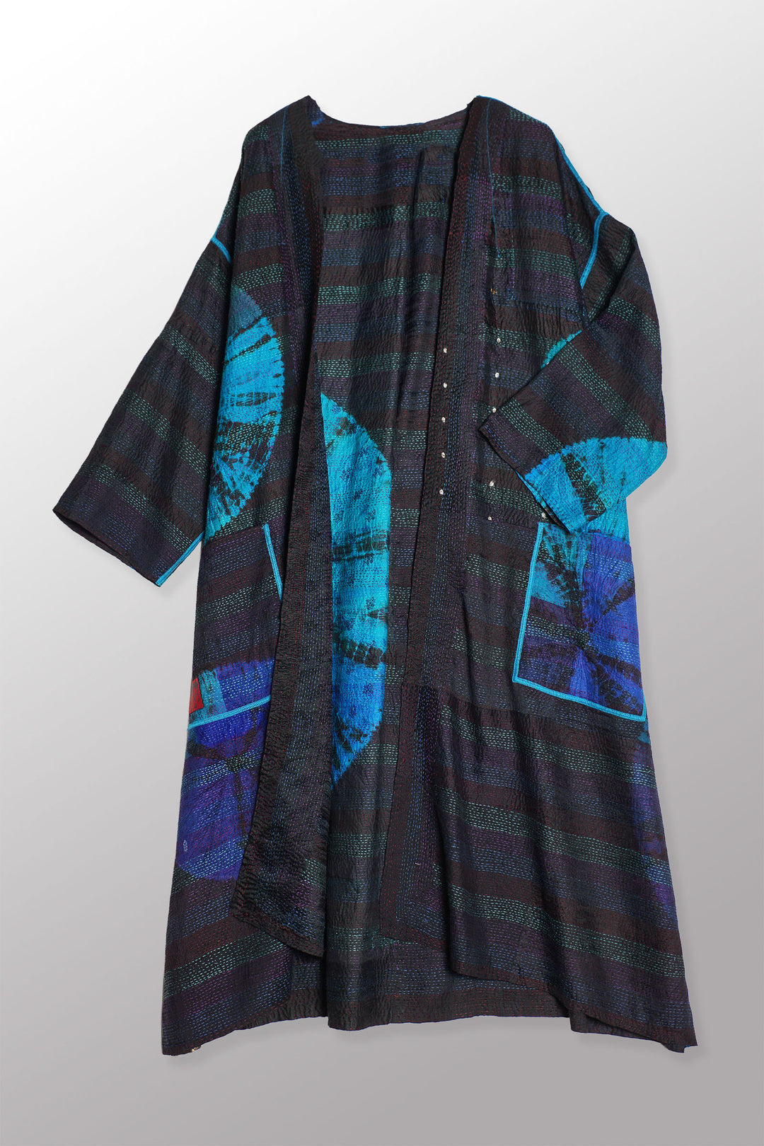 TIE DYE CIRCLE SHIBORI KANTHA LONG DUSTER - td2328-blu -