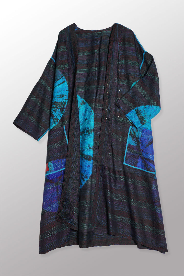 TIE DYE CIRCLE SHIBORI KANTHA LONG DUSTER - td2328-blu -