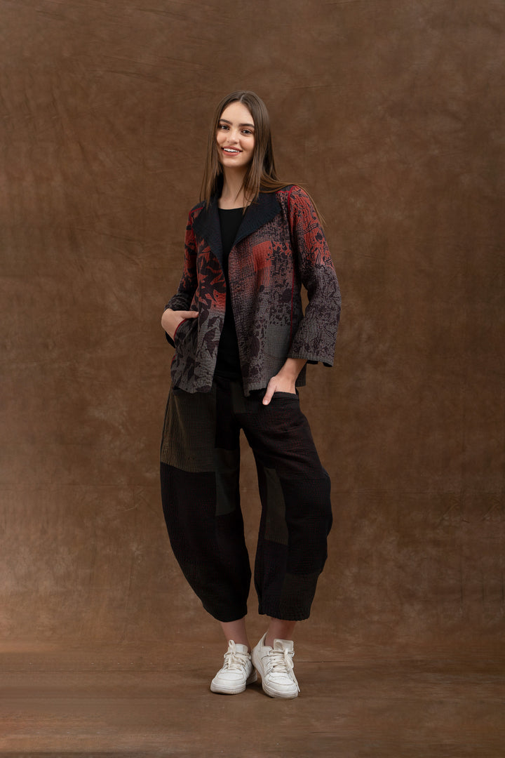 MONOTONE TWILIGHT PRINT KANTHA A-LINE JKT - tp4003-red -