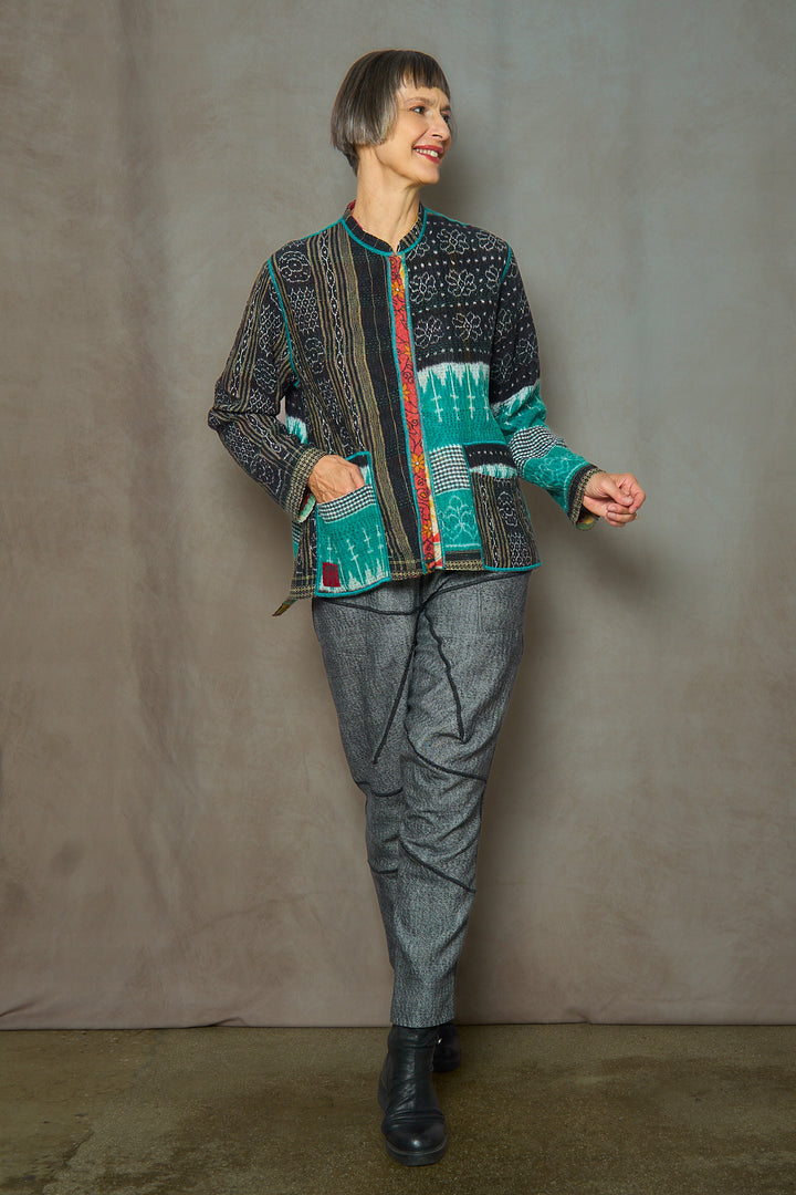 VINTAGE COTTON KANTHA KAFTAN JACKET SHORT - cv4088-0006s -