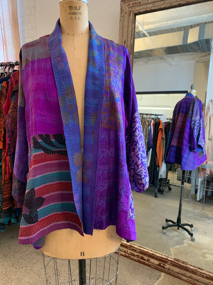 GEORGETTE VINTAGE SILK PATCH KANTHA KIMONO JACKET - gs2004-prp -
