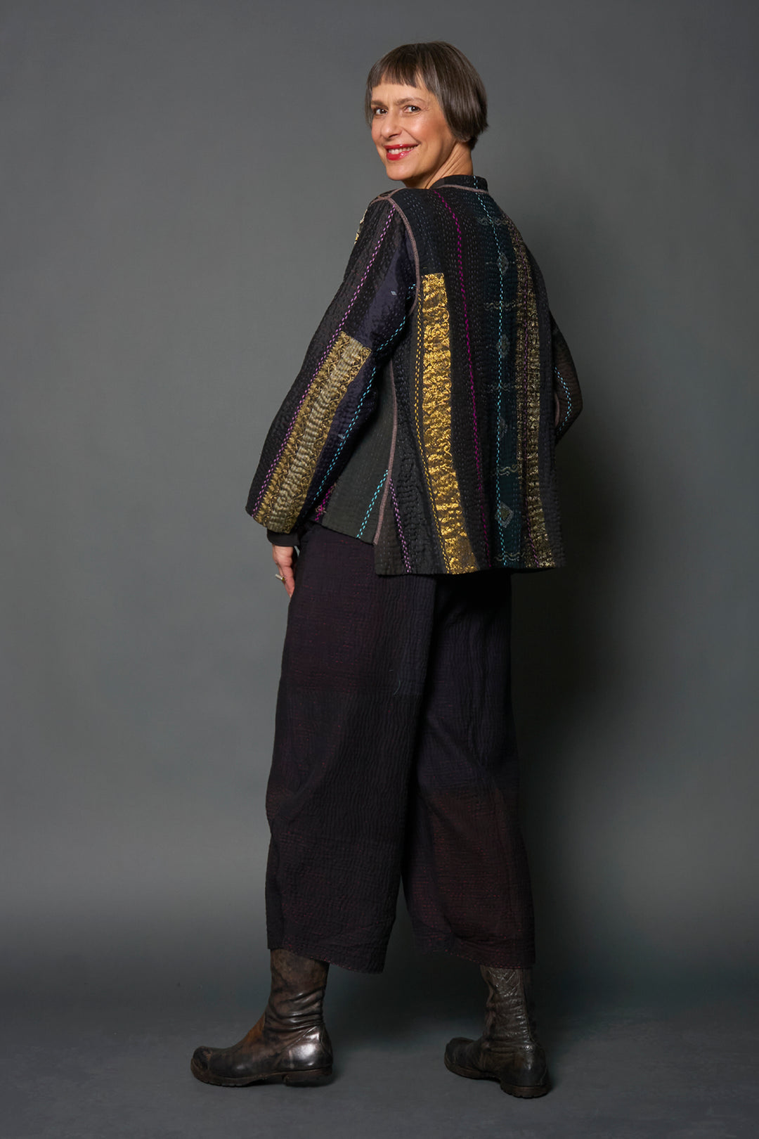JEWEL WOVEN WITH VERTICAL PATCH KANTHA KAFTAN JACKET SHORT - jv4088-blk -