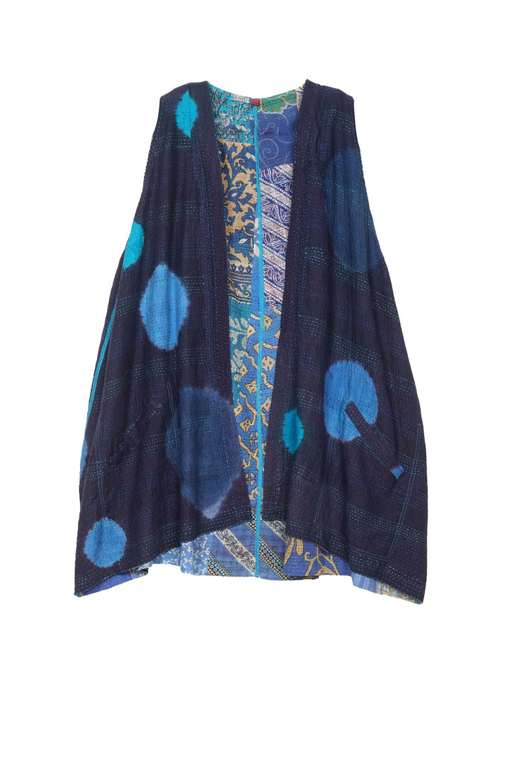 PATCH & CIRCLE PRINT KANTHA BELL SHAPE LONG VEST - pc2225-blu -