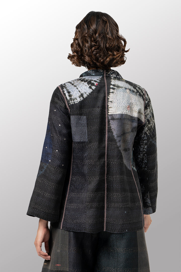 TIE DYE CIRCLE SHIBORI KANTHA SHORT JACKET - td2007-blk -