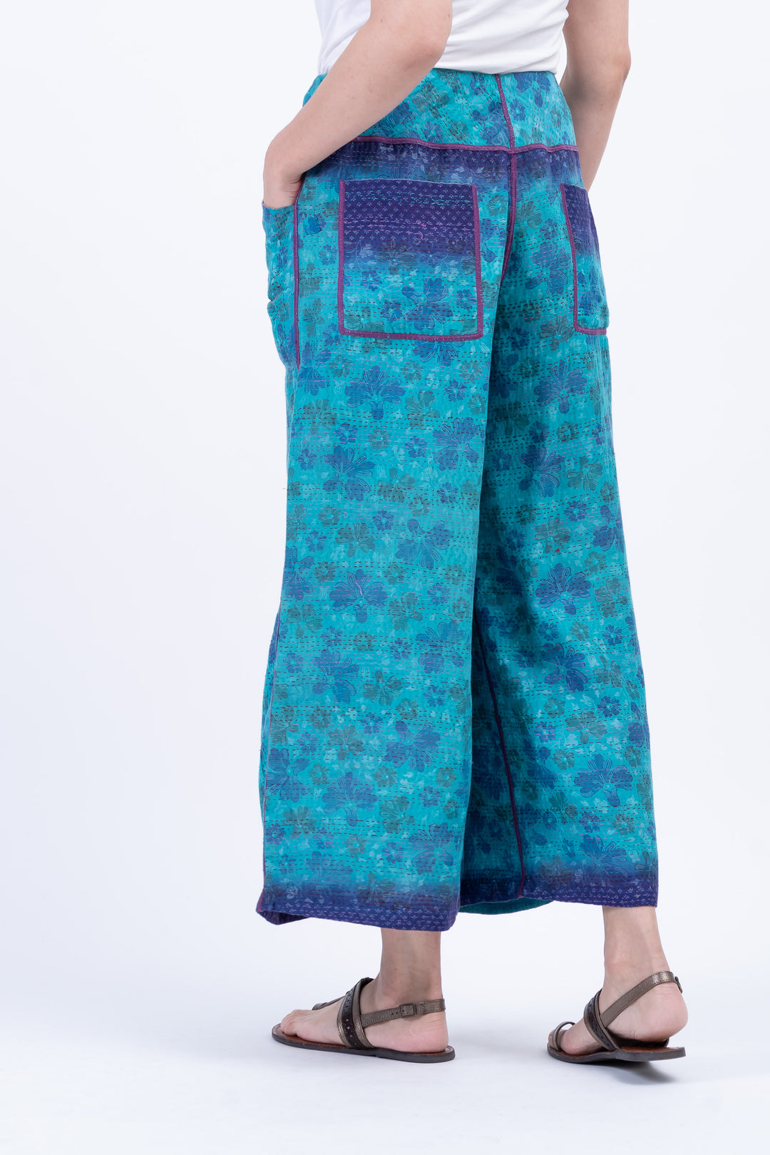 COTTON OVERDYE KANTHA MID RISE WIDE LEG PANTS - ov2665-cblu001m -